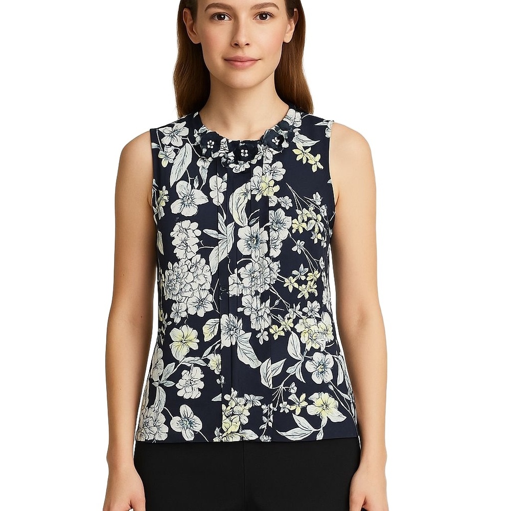 KARL LAGERFELD PARIS Womens Blouse Size Small Navy Floral Sleeveless Chic